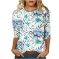 thumbnail image 2 of Elvqul Light Blue Tops for Women Under $10 3/4 Sleeve Tee Shirts for Women Crew Neck Loose Flower Print Tops, 2 of 5
