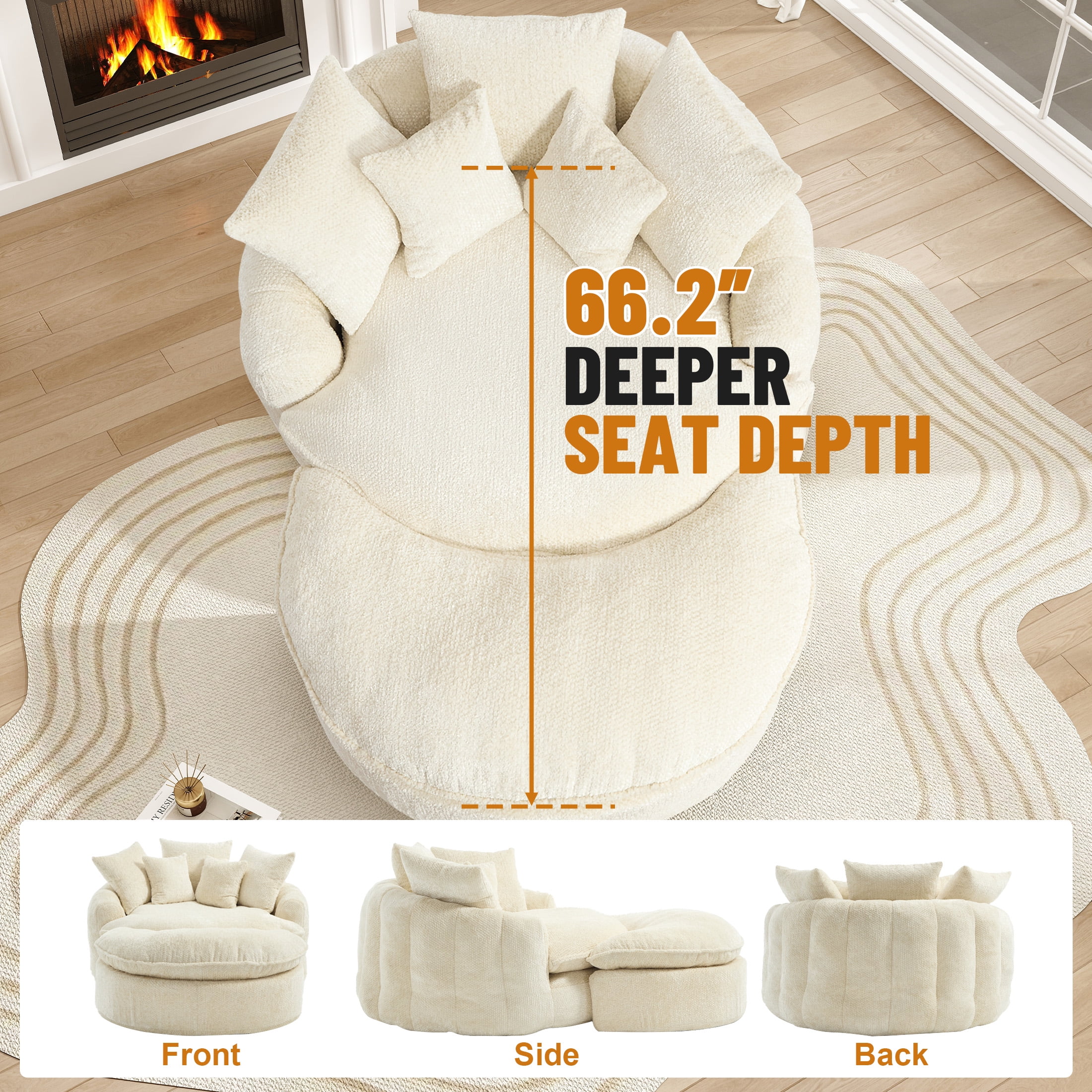 Aukfa 75" Oversized Round Chaise Lounge Chair with Half Moon Ottoman, Boneless Cloud Circle Deep Seat Sofa Set for Living Room, 5 Pillows, No Assembly Required, Beige