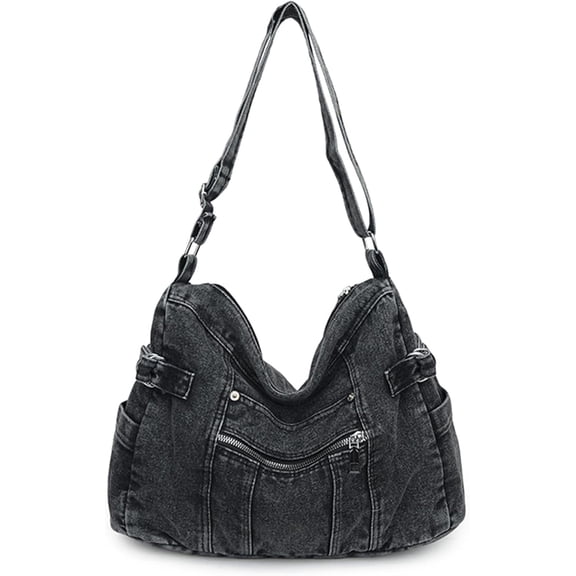Sunyuer Women Vintage Washed Denim Hobo Bag, Large Capacity Multi Pocket Denim Crossbody Tote Purse, Daily Commuter Travel Shoulder Handbag