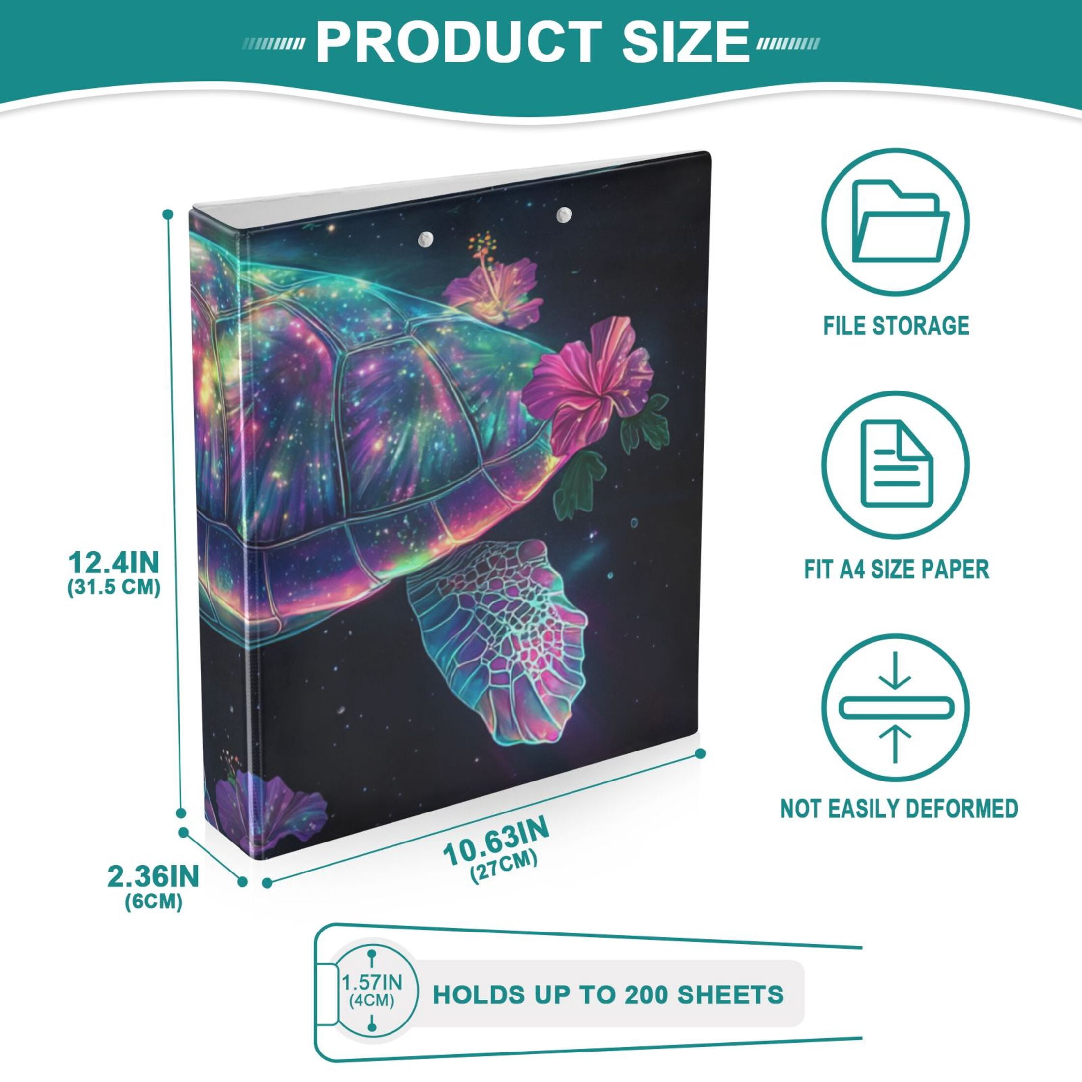 Glowing Sea Turtle Flowers 3 Ring Binders 1.5 inch Hardcover File Folders with Interior Pockets A4 Size Organizer for School Office Hospital