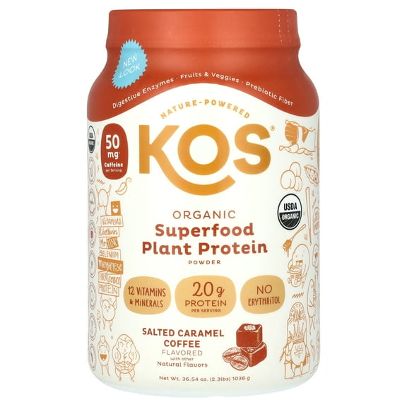 KOS Organic Superfood Plant Protein Powder, Salted Caramel Coffee, 2.3 lbs (1,036 g)