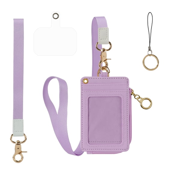 CHAOYUNYI Lanyard Card Holder With Zipper Leather ID Badge Cover Access Control Card Case Anti-Lost Keychain Wallet Pink