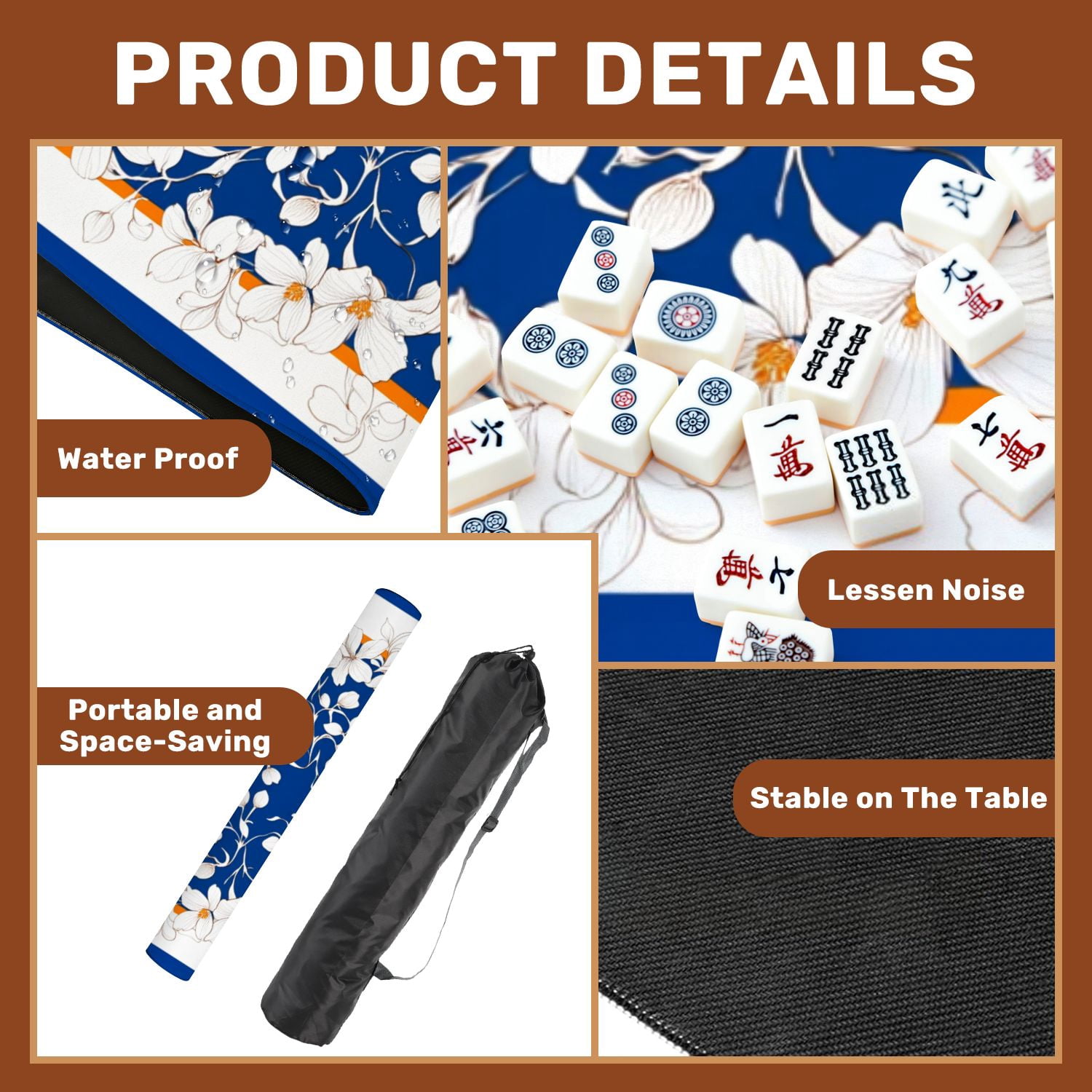 Mahjong Mat 31.5" x 31.5" White Floral Orange Accents Deep Blue Elegant Line Art Design Non-Slip Noise Reduction American Mahjong Tiles Table Cover for Dominoes Poker Card Board Games Gift