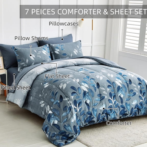 Blue Floral Comforter Set Queen Size 7 Piece Navy Botanical Gradient Leaves Ultra Soft Microfiber Down Alternative Bedding Set Lightweight Reversible Boho Bed Comforter Set for All Season 90" x 90"