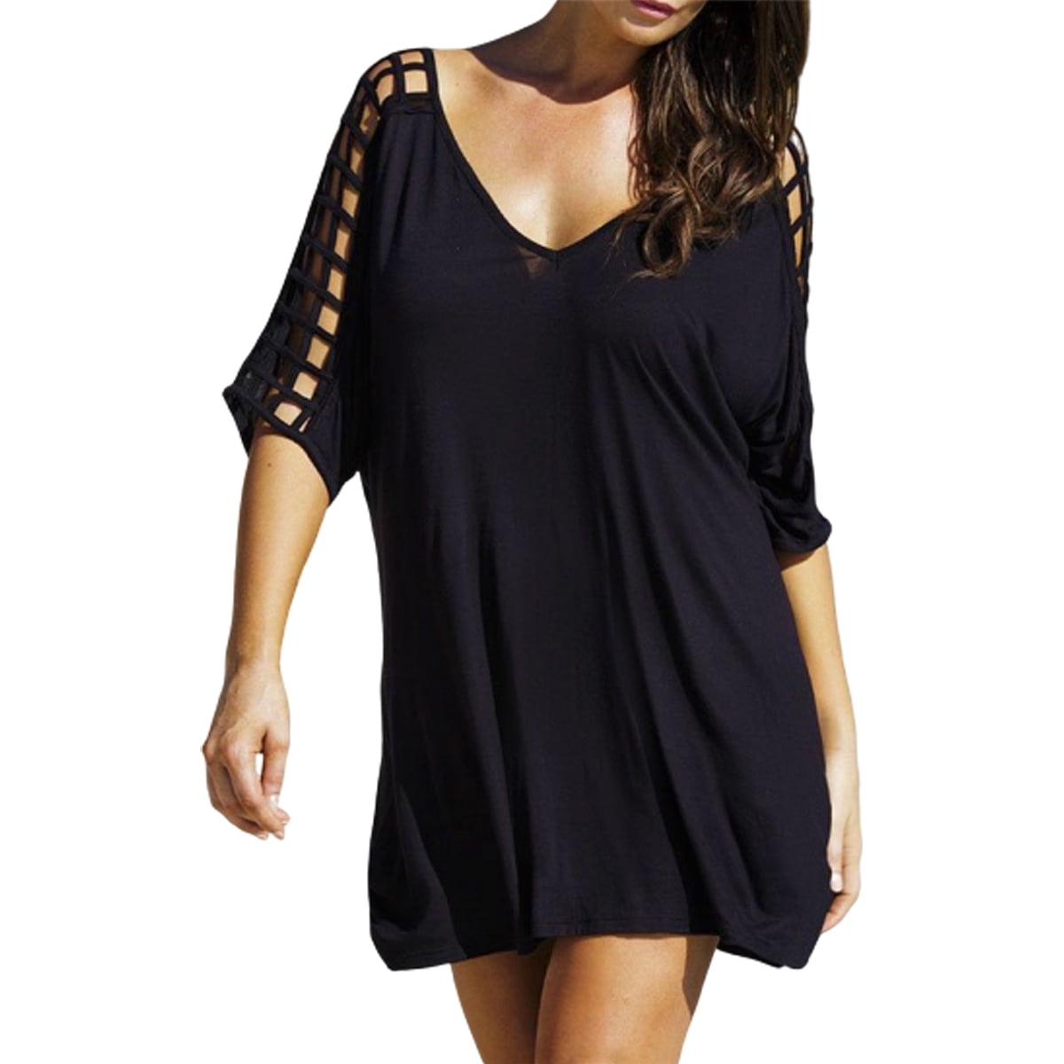 Plus Size Women Swimwear Bikini Cover Up Loose Beach Blouses Tshirts