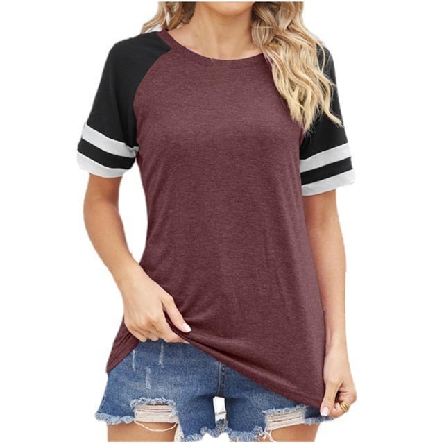 Yuyuzo Womens T Shirts Short Sleeve Shirts Round Neck Tees Color Block Top Loose Fitted Summer Tops