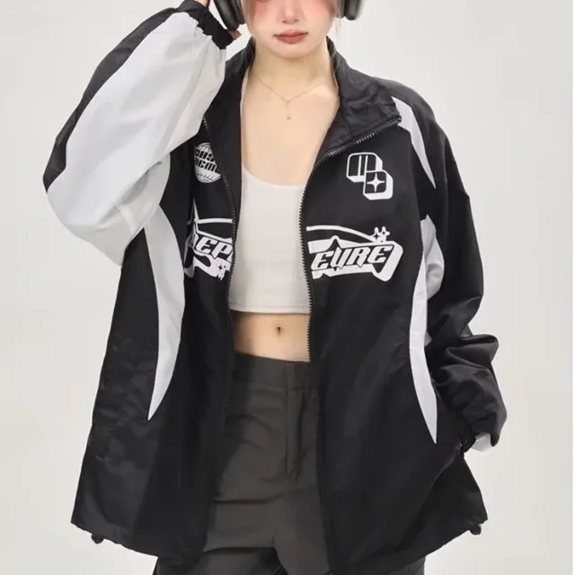 -Chaqueta de carreras Vintage Y2k para mujer, ropa de calle de gran tamaño, cortavientos de moda coreana, chaquetas de motocicleta Hippie para Otoño e Invierno