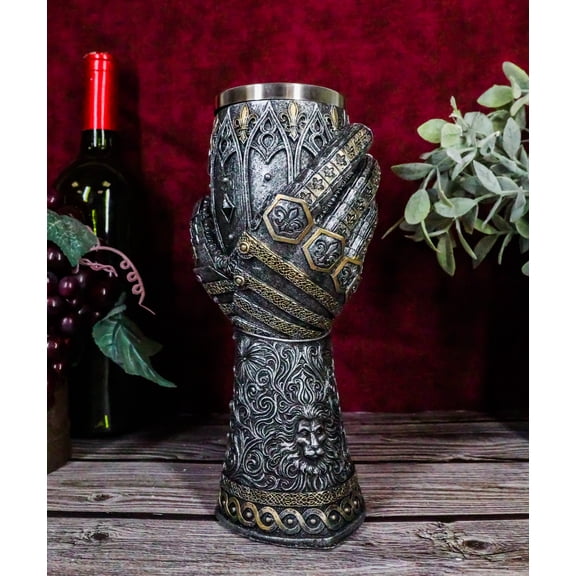 Ebros Royal Fleur De Lis Lion Gauntlet 8.75"H 8oz Wine Goblet Chalice Cup