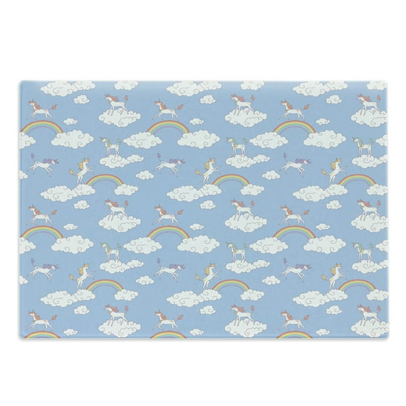 Cartoon Cutting Board, Mythical Creatures Walking and Jumping Clouds with Rainbows Unicorn, Decorative Tempered Glass Cutting and Serving Board, Large Size, Sky Blue Multicolor, by Ambesonne