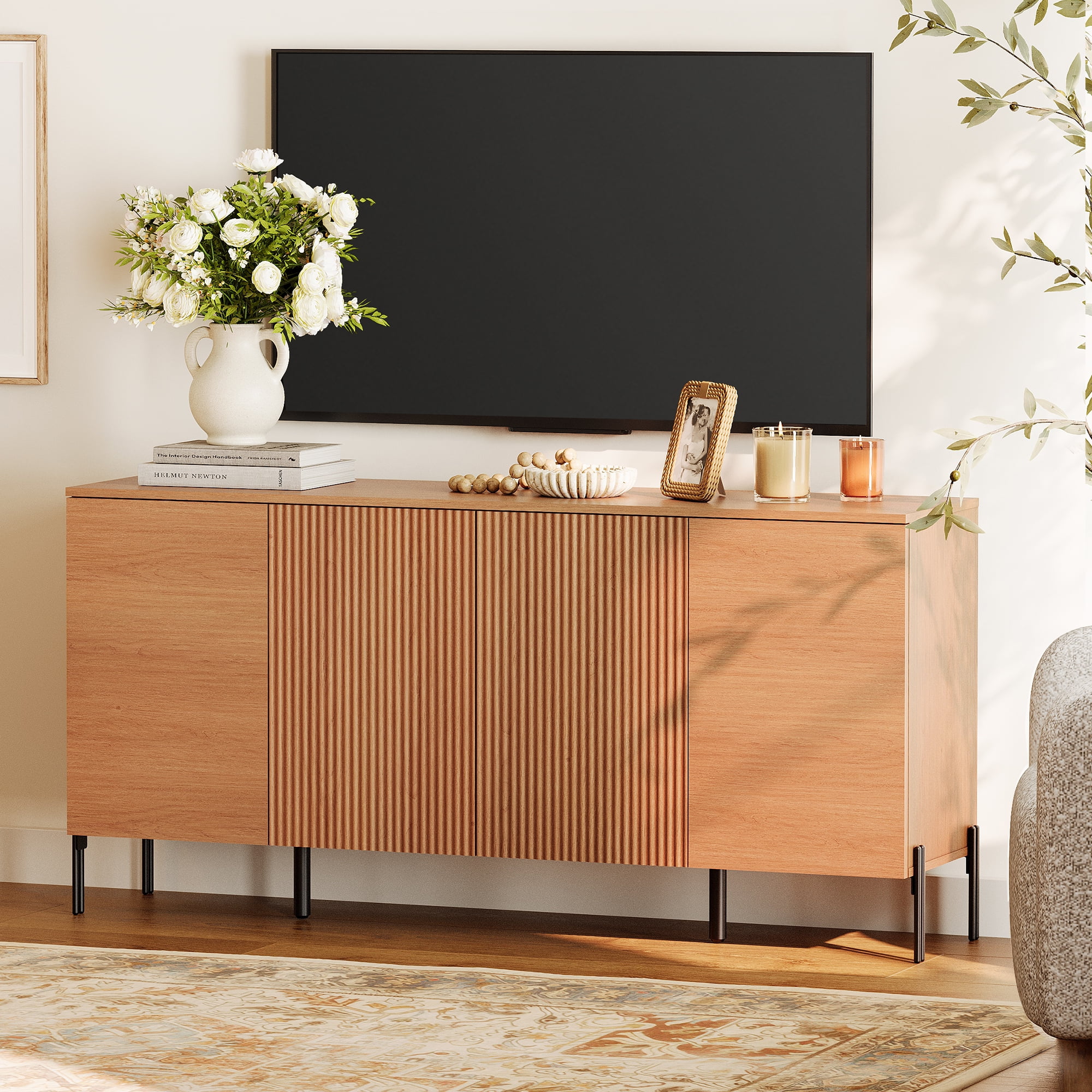 61" Modern TV Stand With Storage, Reeded Entertainment Center, Wooden TV Console With 4 Doors For Living Room