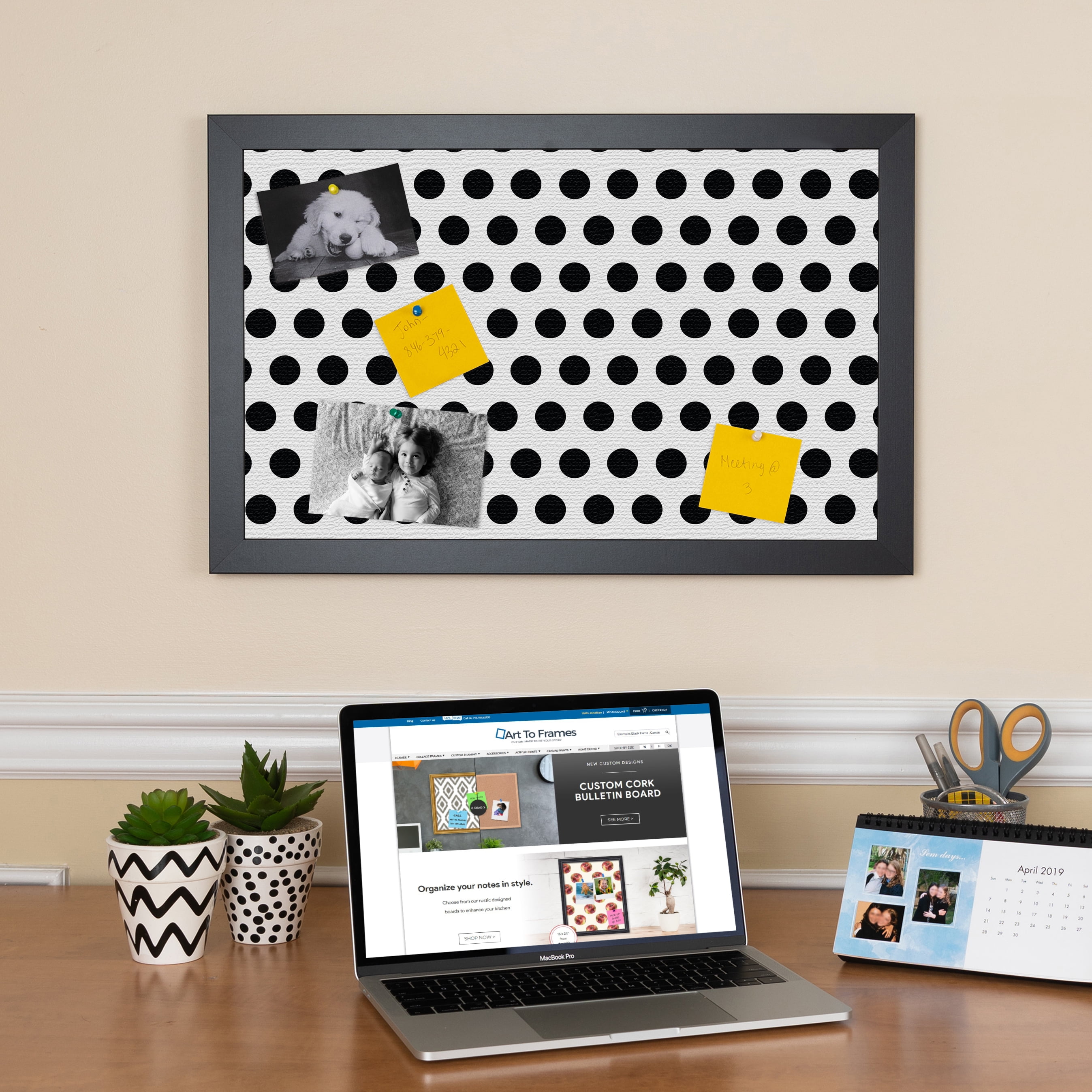 PinPix 16x13 Custom Cork Bulletin Board Black Polka Dot Poster Board Has a Fabric Style Canvas Finish, Framed in Black Polka Dot, by ArtToFrames (PinPix-200)