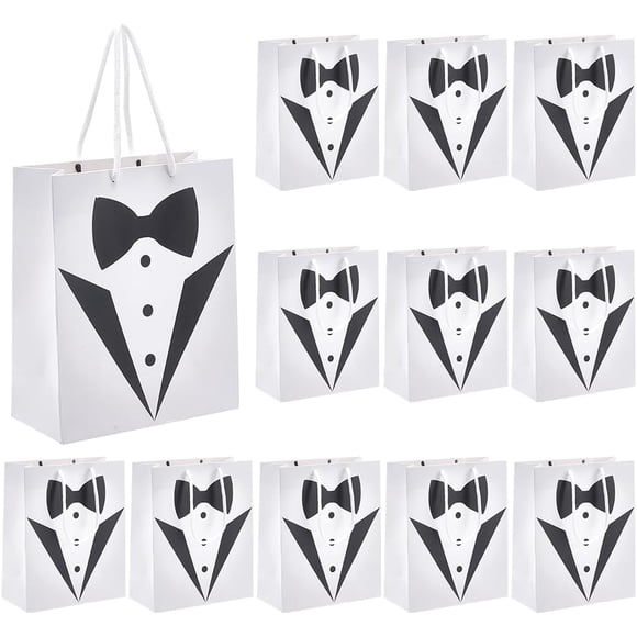 12PCS Groomsmen Gift Bags 7.5x3.5x9.1 Inch Tuxedo Treat Bags Paper Gift Bags with Handle for Wedding Anniversary Bridesmaid Party Favors Gift Wrapping Supplies (White)