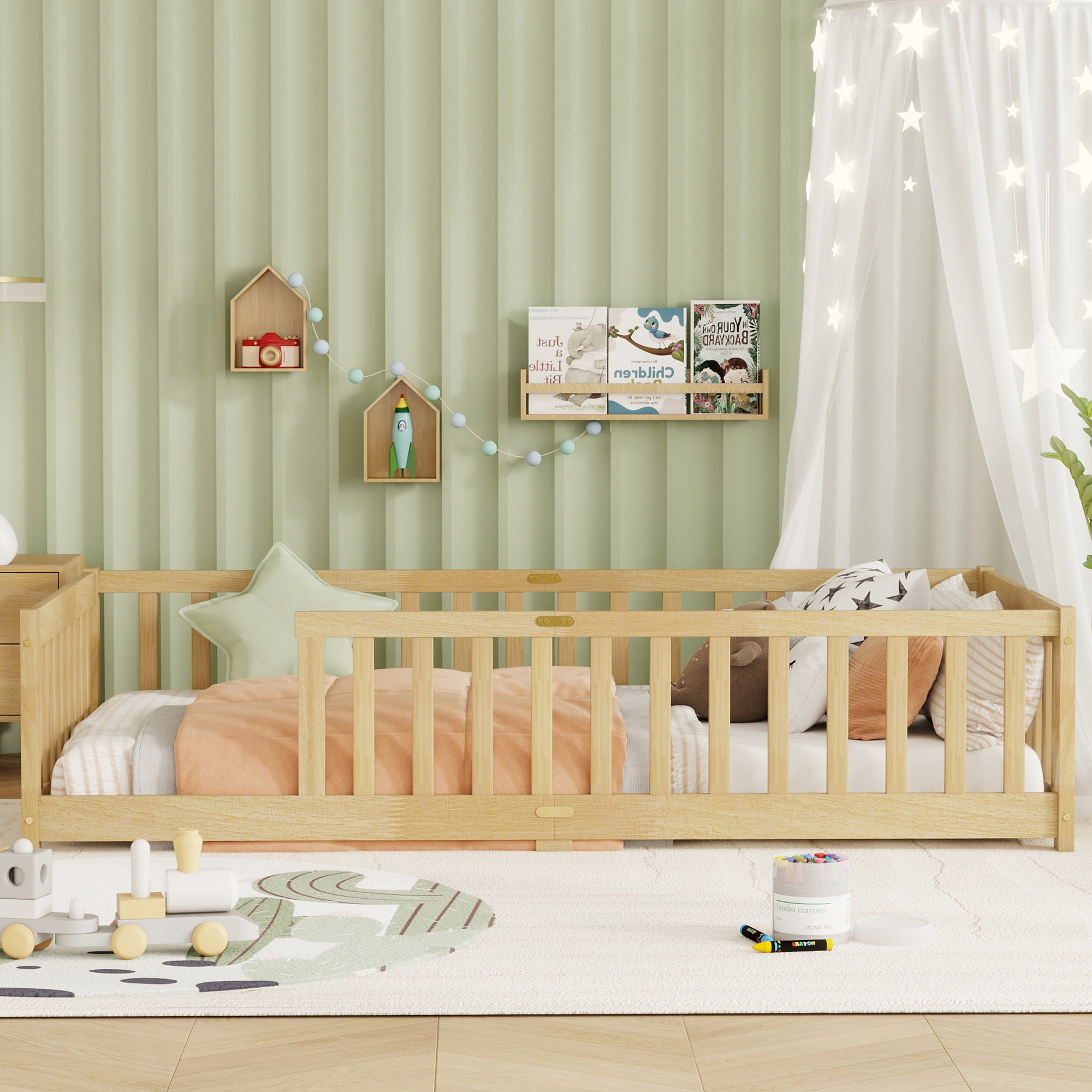 Alvantor Twin Size Montessori Floor Bed for Kids with Rails, Rubber Wood Toddler Bed Frame Low to Ground, No Box Spring Needed, Natural