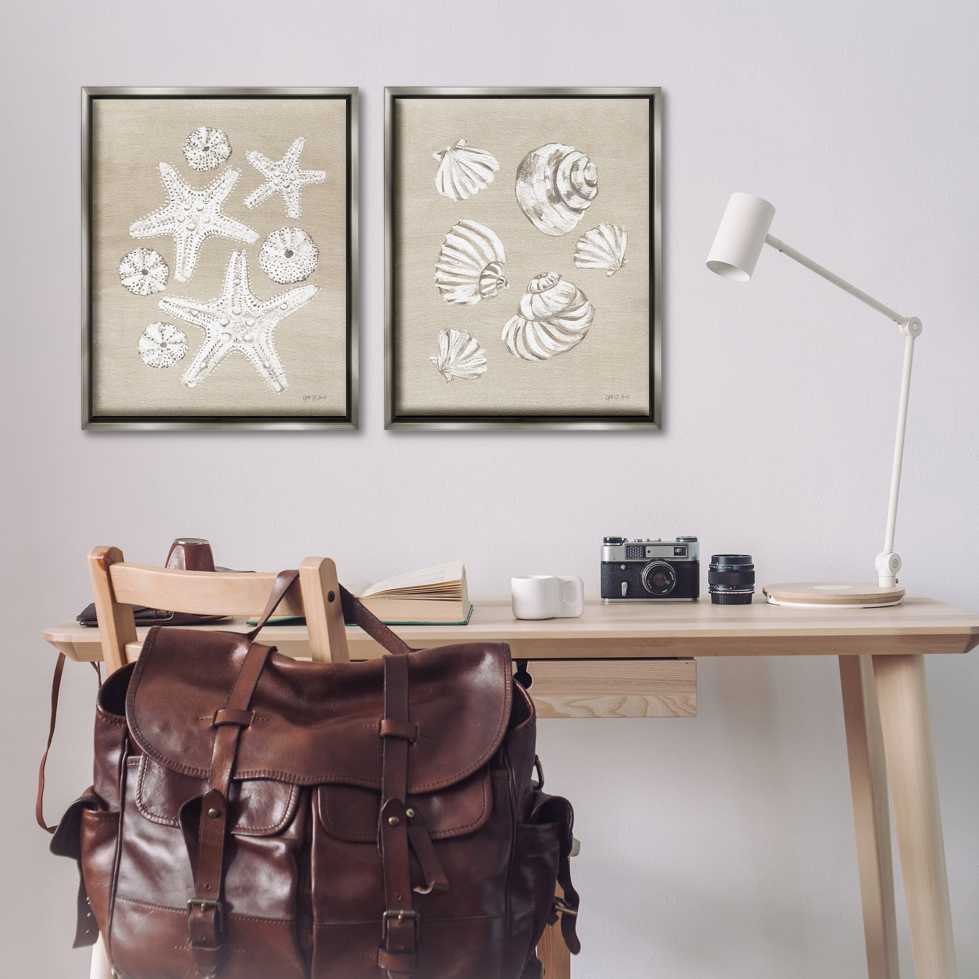 Stupell Industries Beach Treasure Starfish Shells Nautical & Beach Painting Gray Floater Framed Canvas Art Print Wall Art, 31 x 25, Set of 2