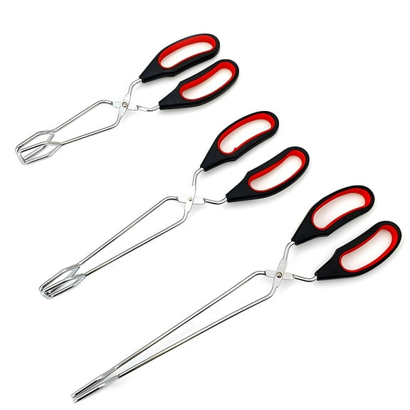 3 Pcs Multifunctional Food Tongs Set, Stainless Steel BBQ Grilling, Bread & Charcoal Tongs, Includes 24CM, 28CM, 33CM, Red-Black Plastic Handles, Comfortable, Lightweight, and Easy to Clean