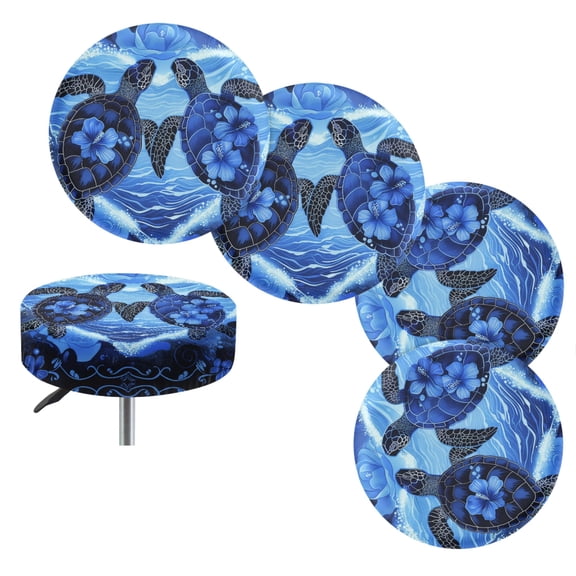 Jeiento Sea Turtle Stool Covers Elastic Bar Stool Seat Covers for Round Barstools Hibiscus Flowers 12"-14" Washable Round Stool Cushion Cover for Dining Chairs, 4 PCS