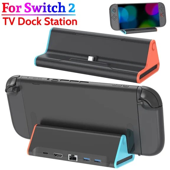 For Switch 2 TV Dock Station with Gigabit Ethernet, Portable TV Docking Station Replacement with 4K HDMI Adapter/Type C Port/USB Port Game Console Charging Stand For Switch 2