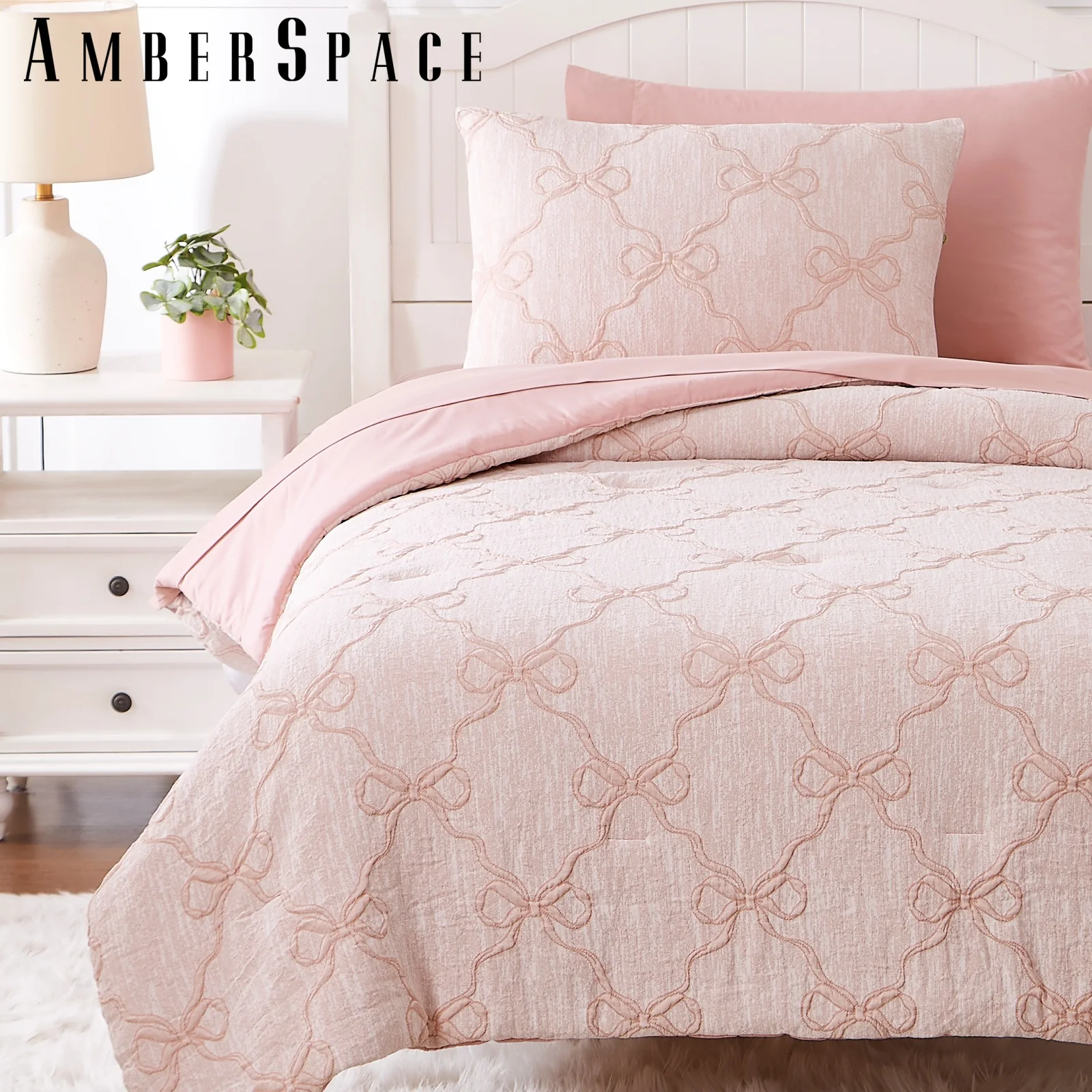 Amberspace Diamond Bow Design 7-piece Bed in a Bag Comforter Set with Sheets,Pink,Full