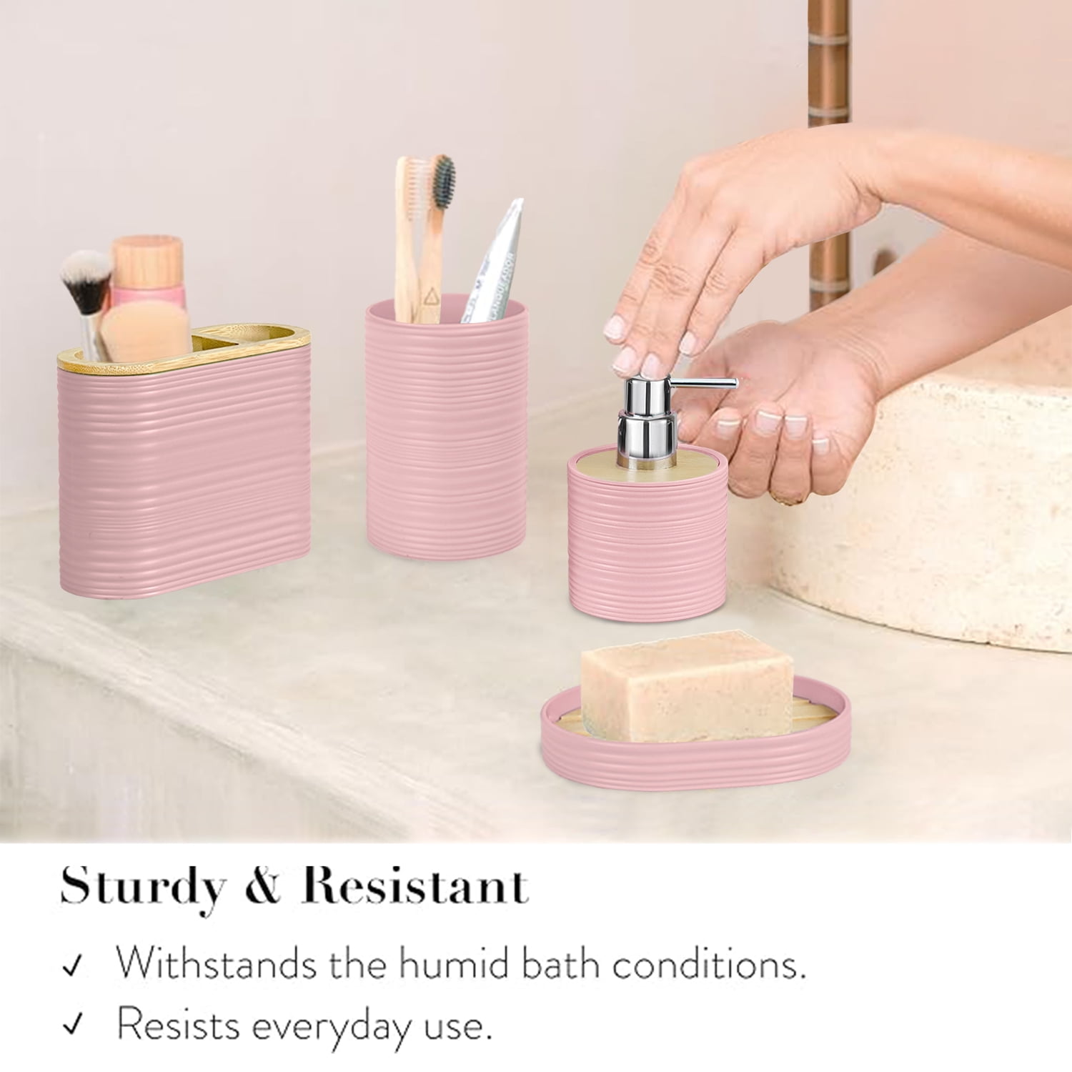 CERBIOR Bathroom Accessories Set 6 Pcs Bathroom Set Ensemble Complete Soap Dispenser Toothbrush Holder Tumbler Soap Dish Toilet Cleaning Brush Trash Can, Pink