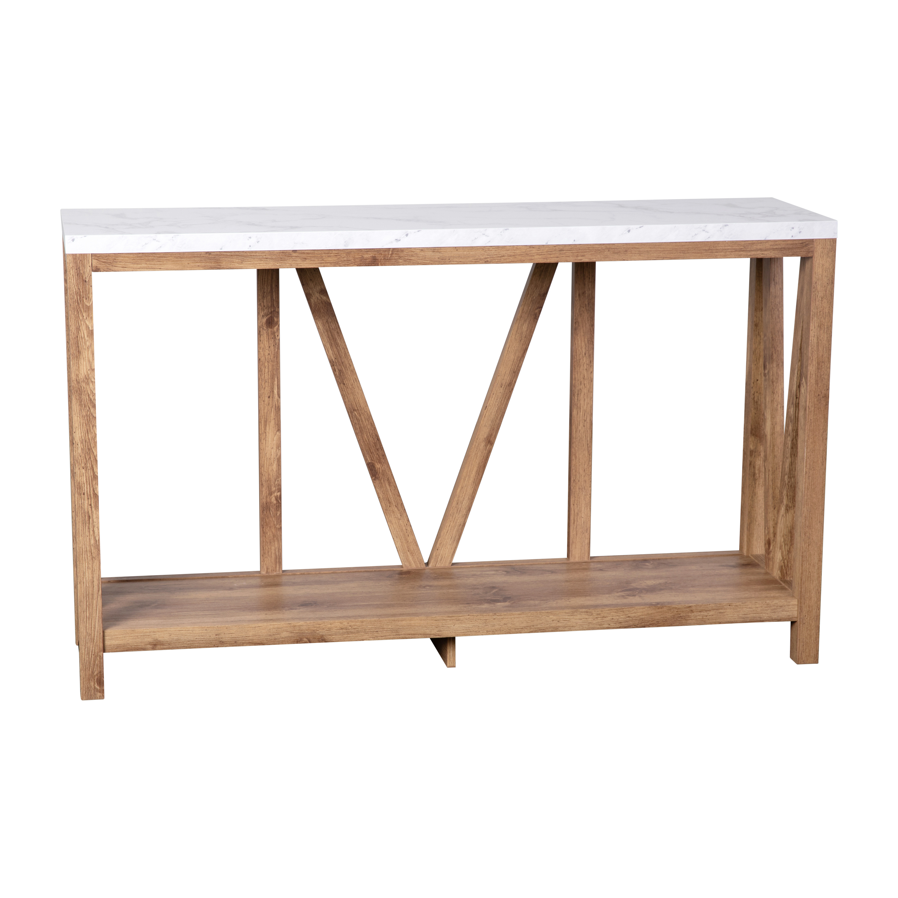 Emma + Oliver Modern Farmhouse Entryway Console Accent Table in Warm Oak with Faux Marble Finished Wood Top