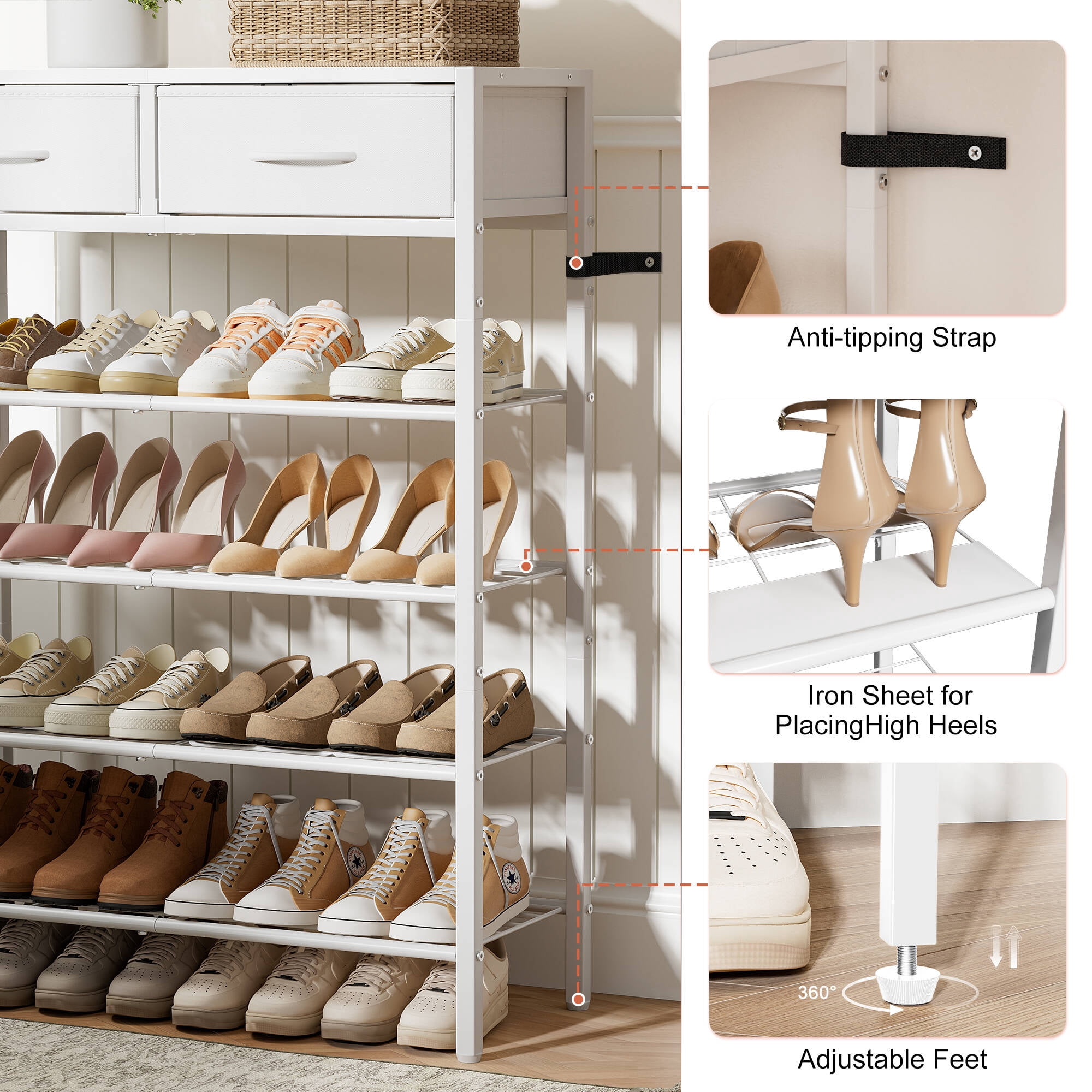 BGTREND 5-Tier Shoe Rack Organizer with Wooden Top and 2 Fabric Drawers, Shoe Stand Shelf for Entryway Hallway, White