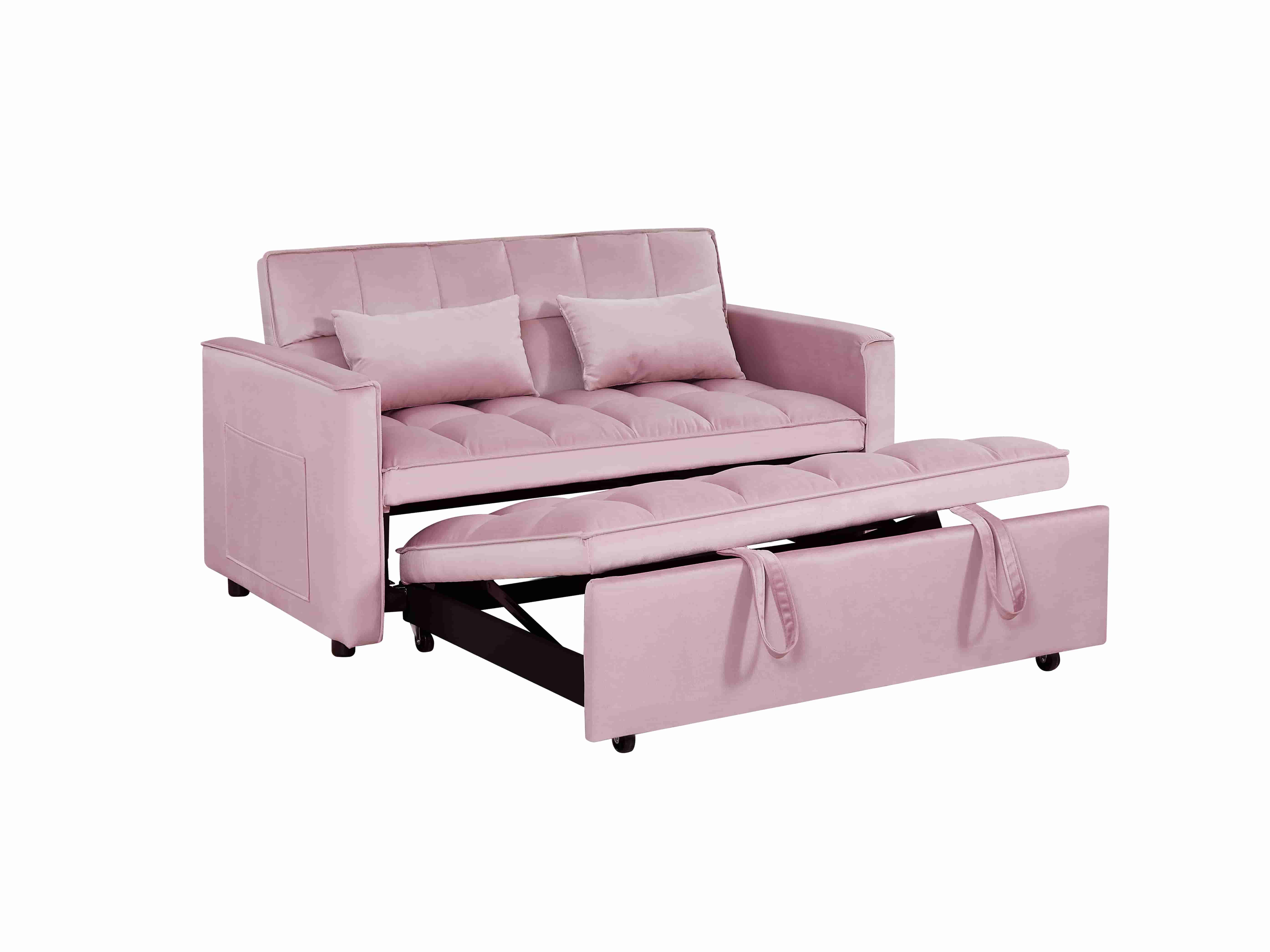 BSHTI 54-inch Pull-out Sleeper Sofa Bed, Velvet Upholstery, Solid Wood Frame, 3-Angle Adjustable Backrest, Storage Side Pocket, Twin-Size Bed, Pink