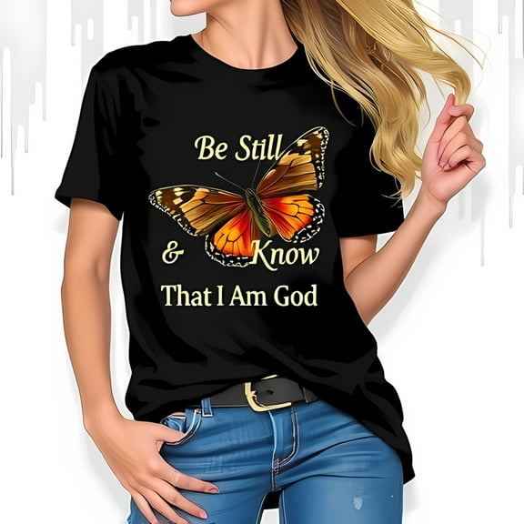 Inspirational Cotton Short Sleeve T-Shirt with Monarch Butterfly Design & " Be Still & Know That I Am God " Phrase