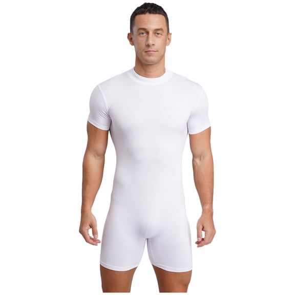 TiaoBug Men's Short Sleeve Back Zip Compression Shirt Bodysuit Mock Neck Sports Jumpsuit for Cycling White L