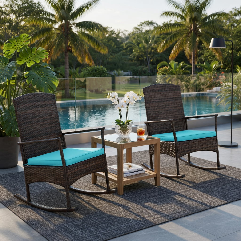 Hommoo 3-Piece Outdoor Patio Rocking Set, Wicker Rocking Chairs with 2-Tier Tempered Glass Coffee Table, Heavy-Duty Metal Frame, All-Weather PE Rattan, Turquoise