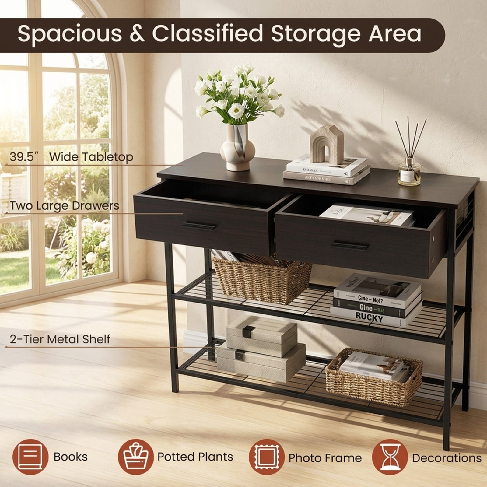 Furnibear 39.5 Inch Entryway Console Table with 2 Drawers and 2-Tier Metal Shelves for Living Room Hallway and Behind Sofa Storage, Dark Brown