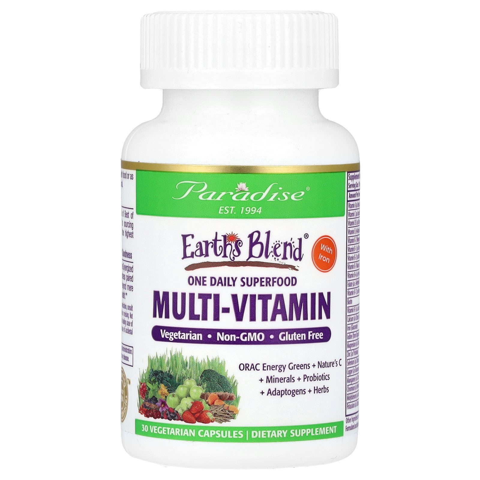 Paradise Herbs Earth's Blend, One Daily Superfood Multi-Vitamin with Iron, 30 Vegetarian Capsules