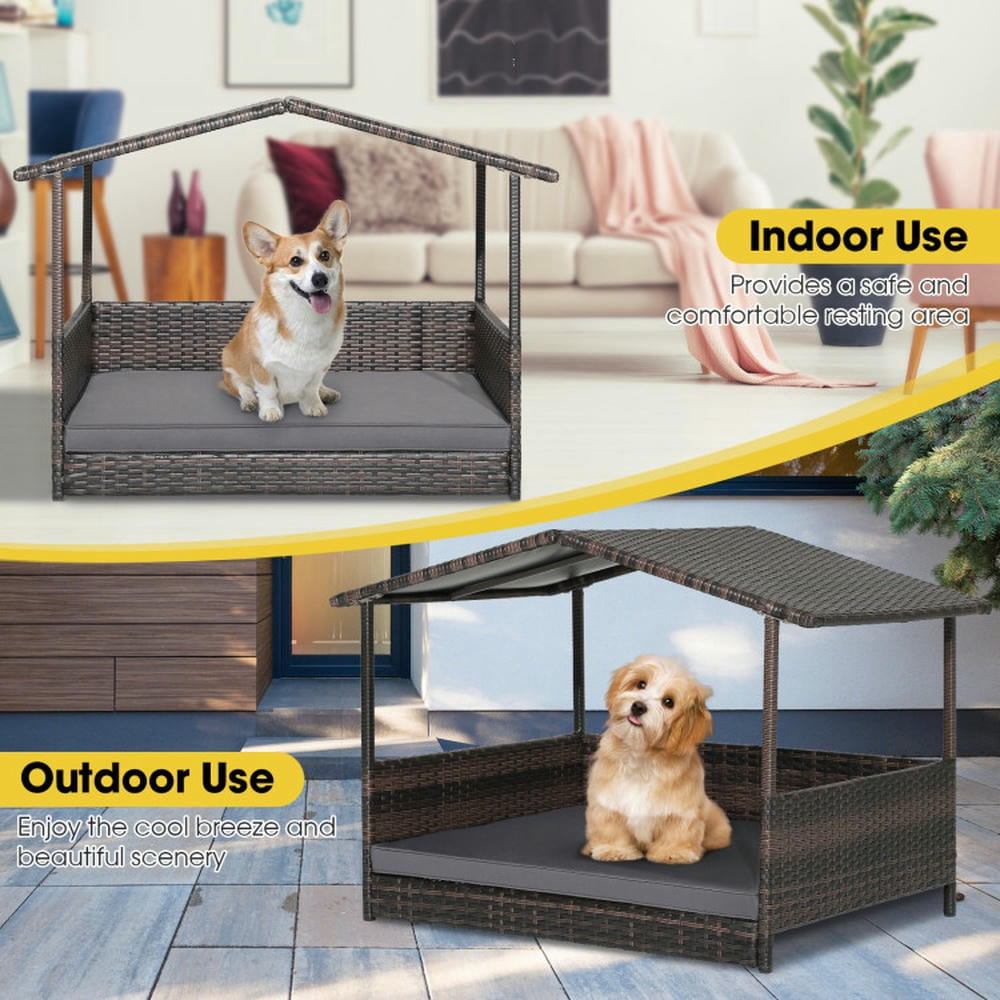 YYAo Dog Crate, Pet Crate, Pet Kennel, Outdoor Wicker Dog House with Weatherproof Roof-Gray