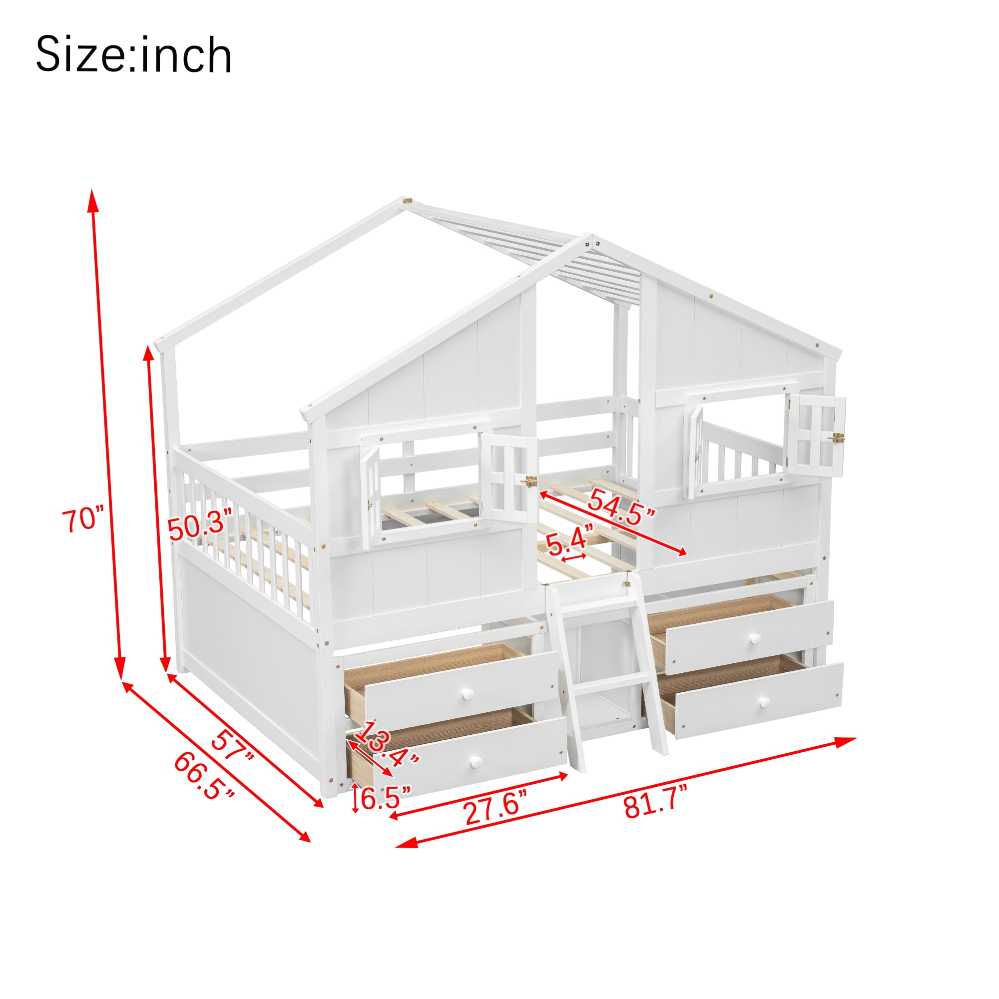 Aukfa Full Size House Bed Frame with 4 Storage Drawers, Wood Low Loft Playhouse Bed with Roof and Fence for Kids, Boys, Girls, and Teens, White