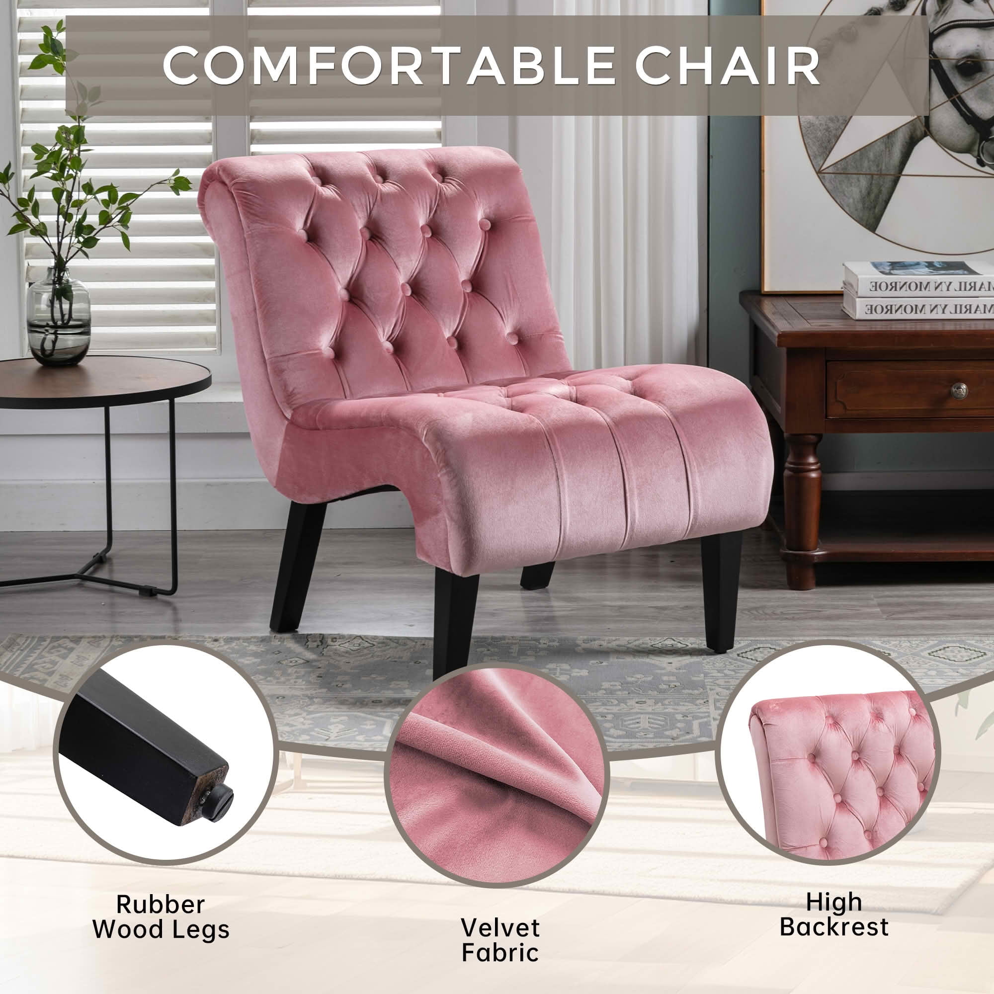 MAYEERTY 22.83-Inch Velvet Button Tufted Armless Accent Chair, Upholstered Leisure Side Chair with Wooden Legs for Bedroom Living Room Office
