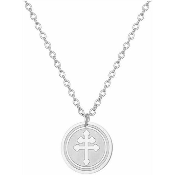 1 pc Fashionable Stainless Steel Flat Round Lorraine Cross Pendant Necklaces for Women's Daily Wear Stainless Steel Color 17.72 inch(45cm)