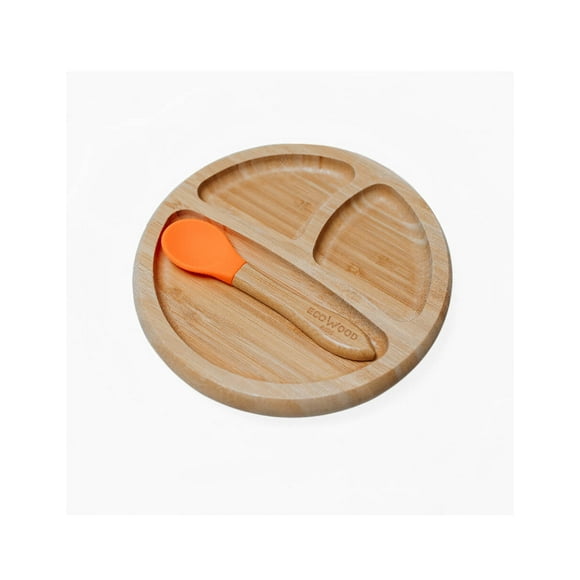 Plato Extendido Ecowood de Bambú y Base de Silicona con Divisiones para Bebe y Niño Ecowood Plato y cuchara de bambú
