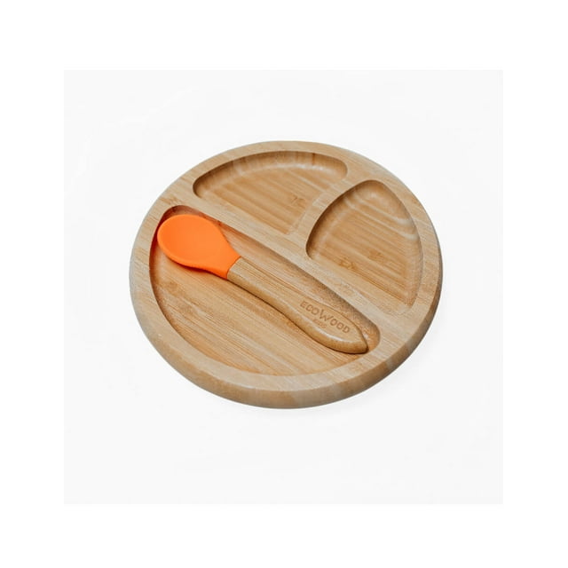 Plato Extendido Ecowood de Bambú y Base de Silicona con Divisiones para Bebe y Niño Ecowood Plato y cuchara de bambú
