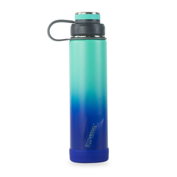 EcoVessel Boulder TriMax Insulated Stainless Steel Water Bottle with Reflecta Insulated Dual Lid, Strainer and Silicone Bottle Bumper - 24 oz (Ombre Galactic Ocean)