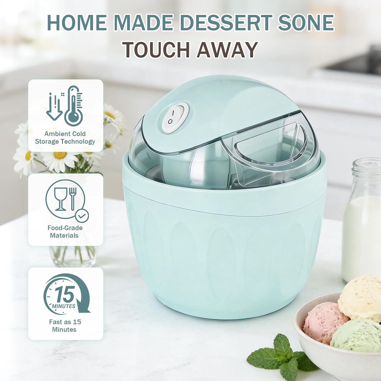 Mini Ice Cream Maker DIY Frozen Desserts, Single Serving Gelato Yogurt, One-Touch Electric Kitchen Maker Fast in 15 Minutes