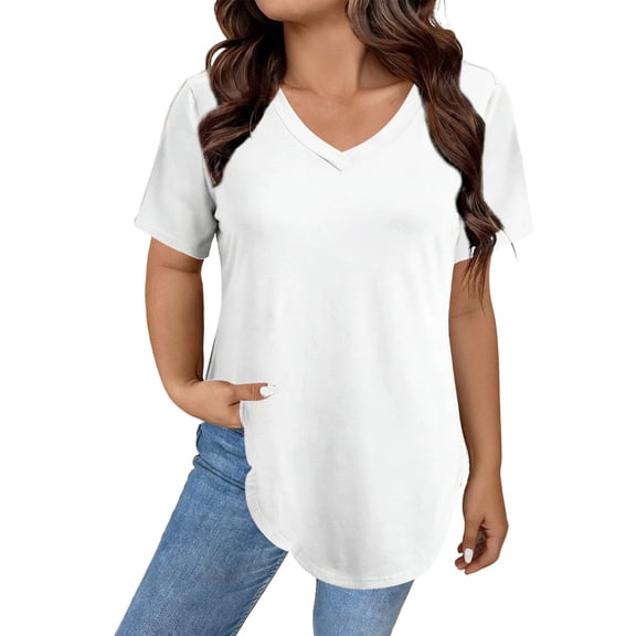 Womens T Shirts V Neck Short Sleeve Plus Size Basic Tee Curved Hem Tunic Tops,White,2XL