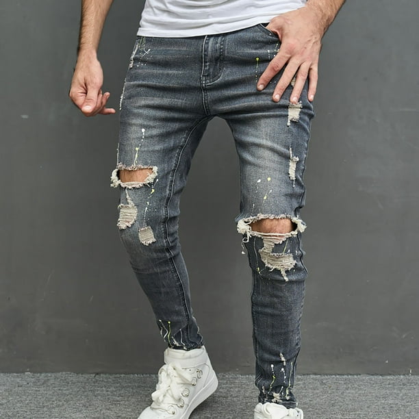 Pantalones largos para hombre, casuales, de mezclilla, de algodón, rectos, rotos, con agujeros, pantalones largos, pantalones para hombre