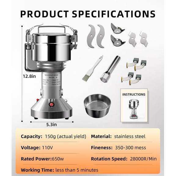 Electric Grain Mill 150g, Flour Grinder Mill Stainless Steel for Home, Counter Grain Grinder for Wheat, Rice, Wheat Berry, Corn, Herbs, Spices