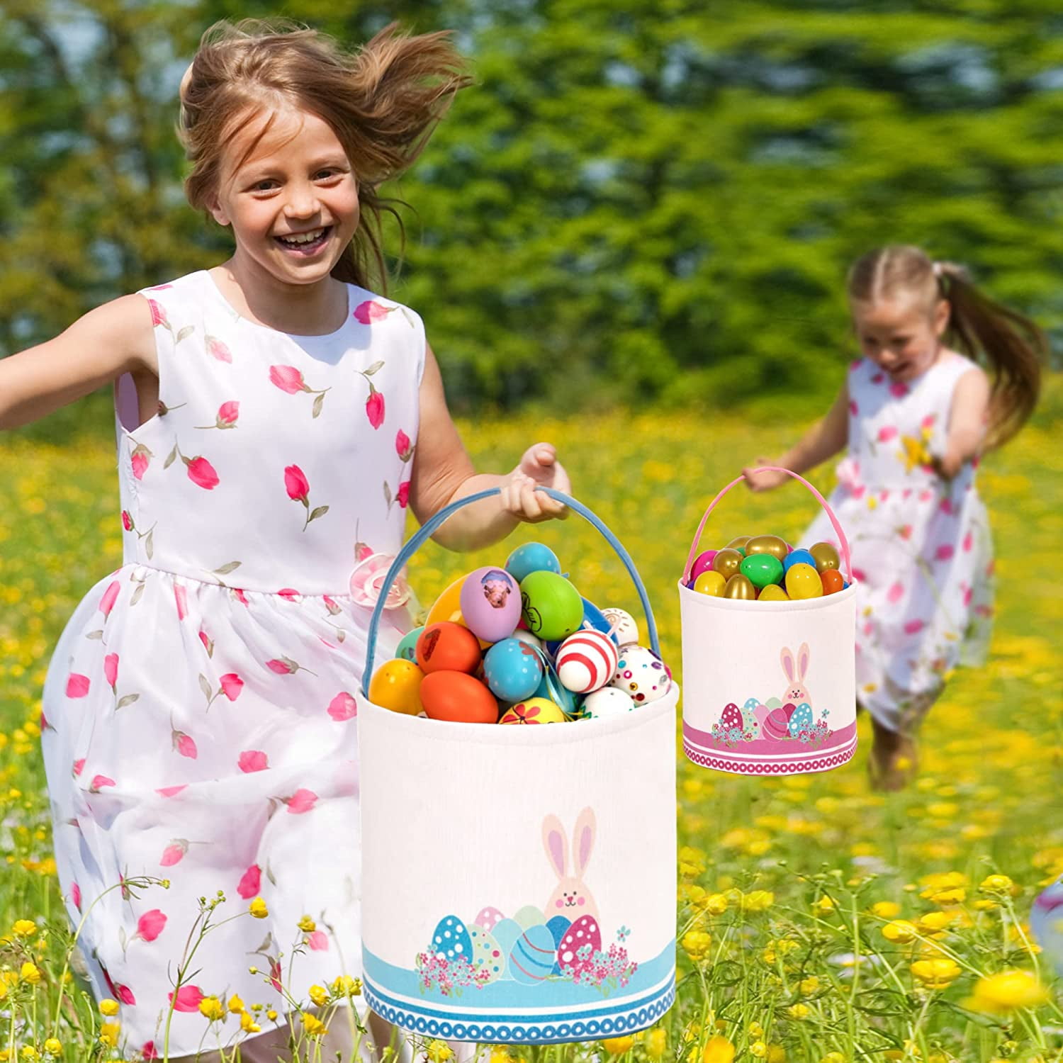 Easter Bunny Egg Hunt Basket, Personalized Canvas Cotton Tote Bag With Handle, Reusable Easter Party Gift Bucket for Kids, Blue, One Size