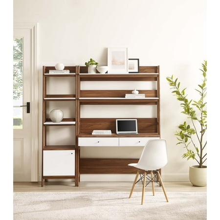 Modway Bixby 2-Piece Wood Office Desk and Bookshelf in Walnut White