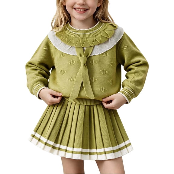Enjoytime Outfits for Girls Long Sleeve Knit Sweater Striped Hem Pleated Skirt 2 Piece Set Cute Dressy Holiday Kids Toddler Clothes