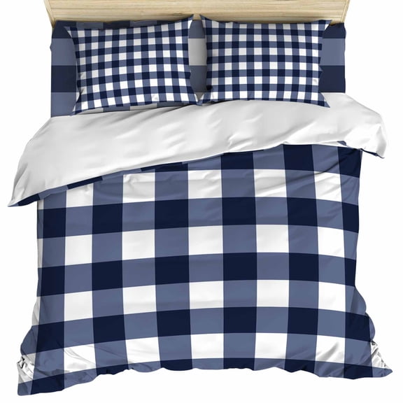 Navy Blue Check Duvet Cover Set, Farmhouse Buffalo Plaid Blue Soft Duvet Cover Full Size Bedding Set 4 Pieces, 1 Quiltcover and 2 Pillowcases with Zipper, 1 Bed Sheet for All Seasons