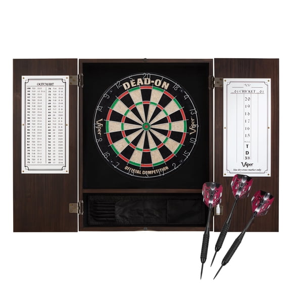 Viper Metropolitan Sisal Fiber Bristle Dartboard and Cabinet Bundle: Deluxe Set (Dead On Dartboard and Darts), Espresso Finish