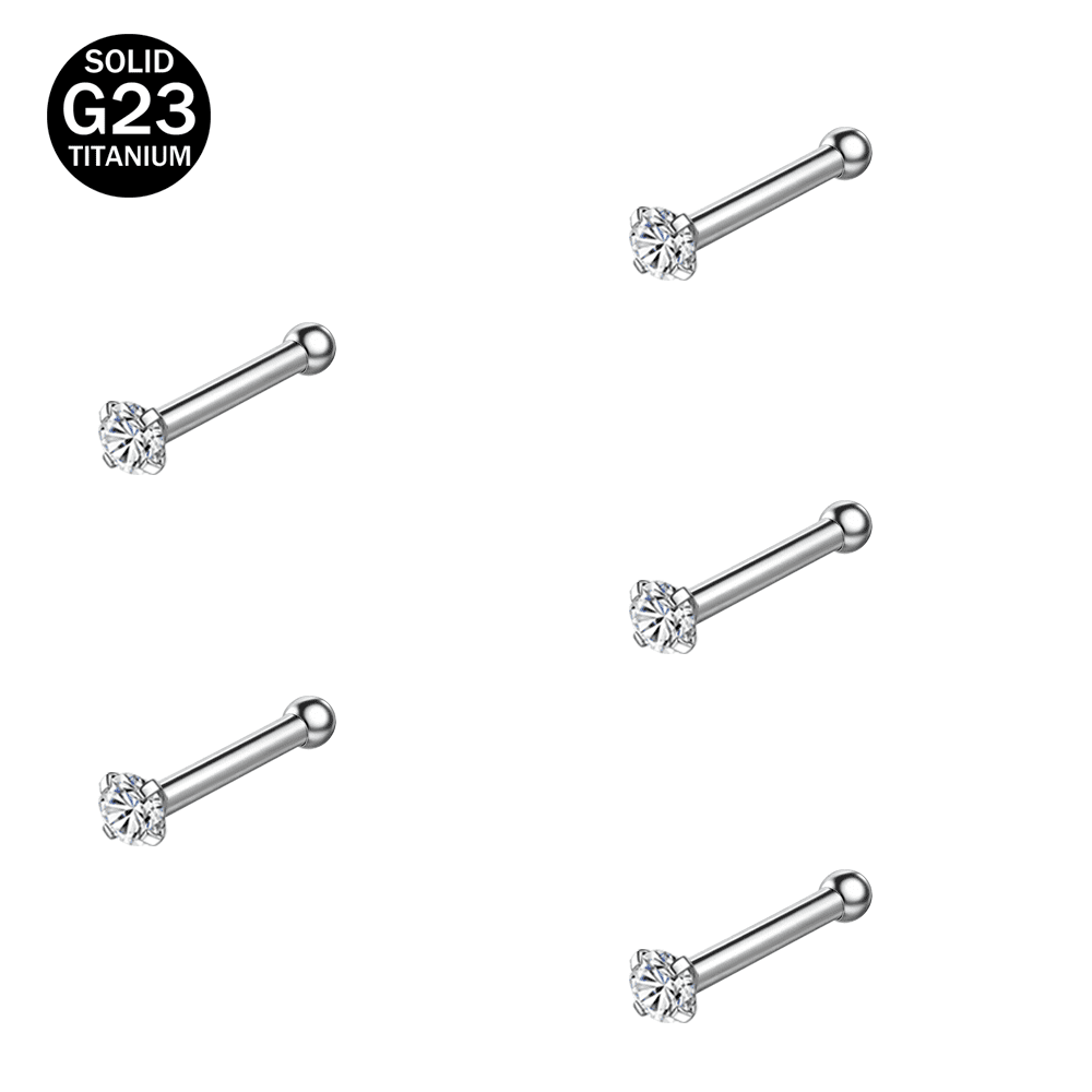 ZS 5 PC 20G Hypoallergenic Titanium Nose Studs I/S/L Shaped Cubic Zirconia Nostril Piercings Body Jewelry