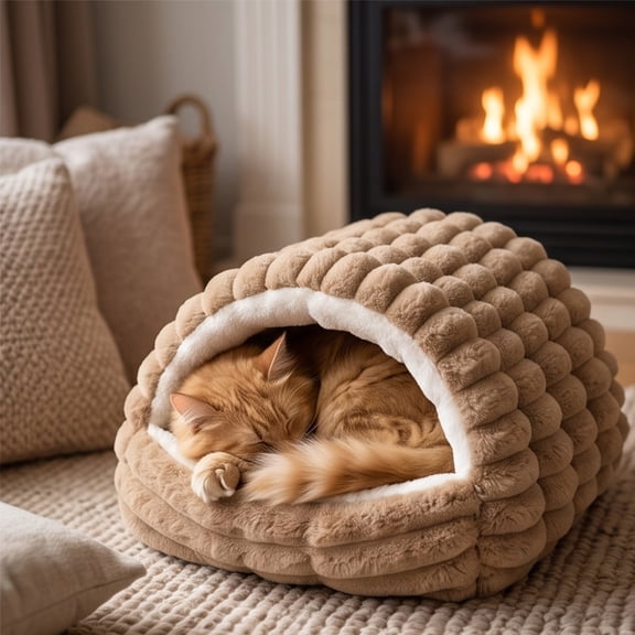 Covered Cat Bed Cave - 2-in-1 Enclosed Pet House for Small Medium Dogs Cats, Winter Warm Sleeping Shelter with Removable Cushion, 2 Size Indoor