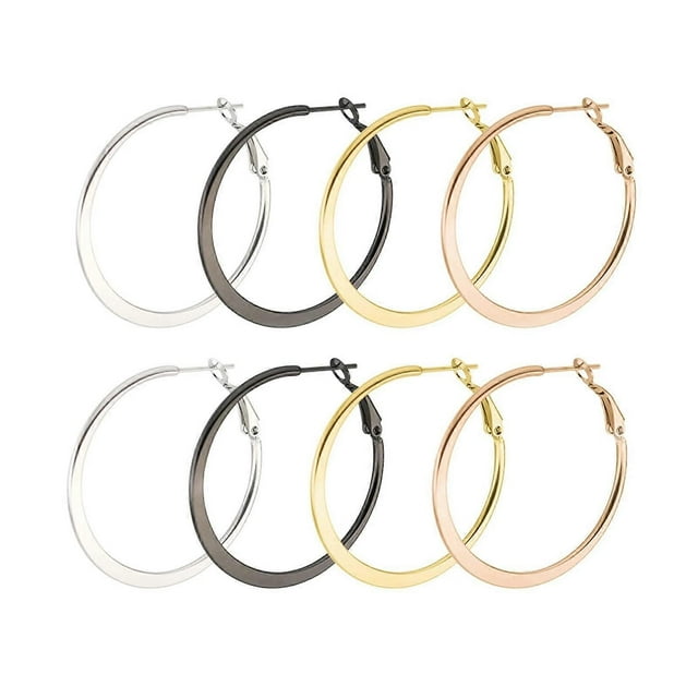 Women Earrings Titanium Steel, Hoop Earrings Silver Gold Black Rose Gold 4 Pairs(8PCS) Round 30/40/50/60MM Hoop Earrings Hypoallergenic